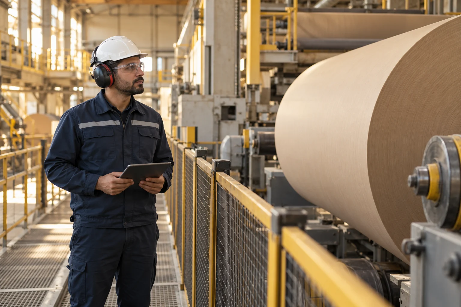Engineer inspecting a kraft paper reel