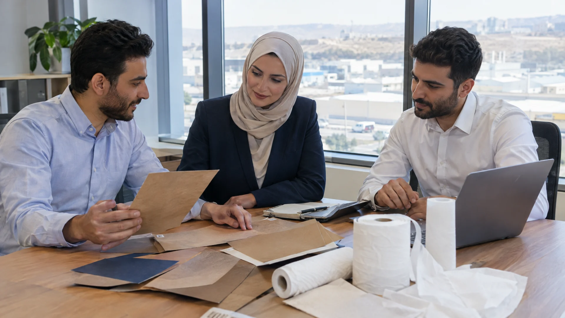 Commercial and export team meeting with paper samples