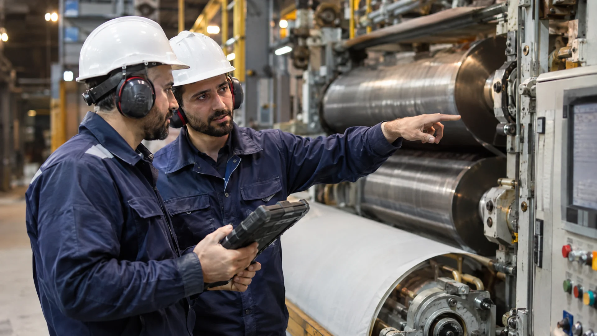 Engineers reviewing machine data at the paper machine