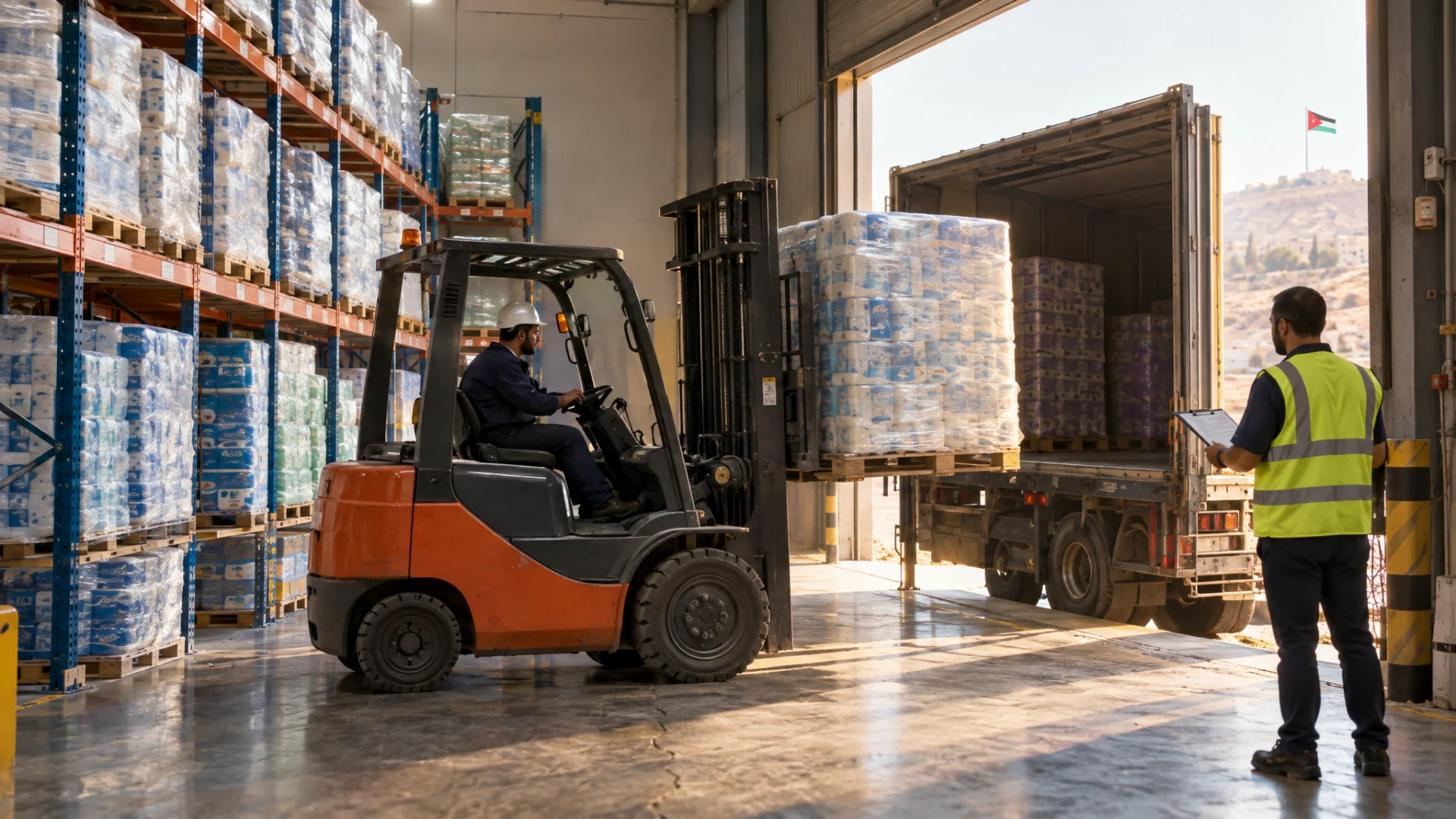 Warehouse team loading tissue pallets