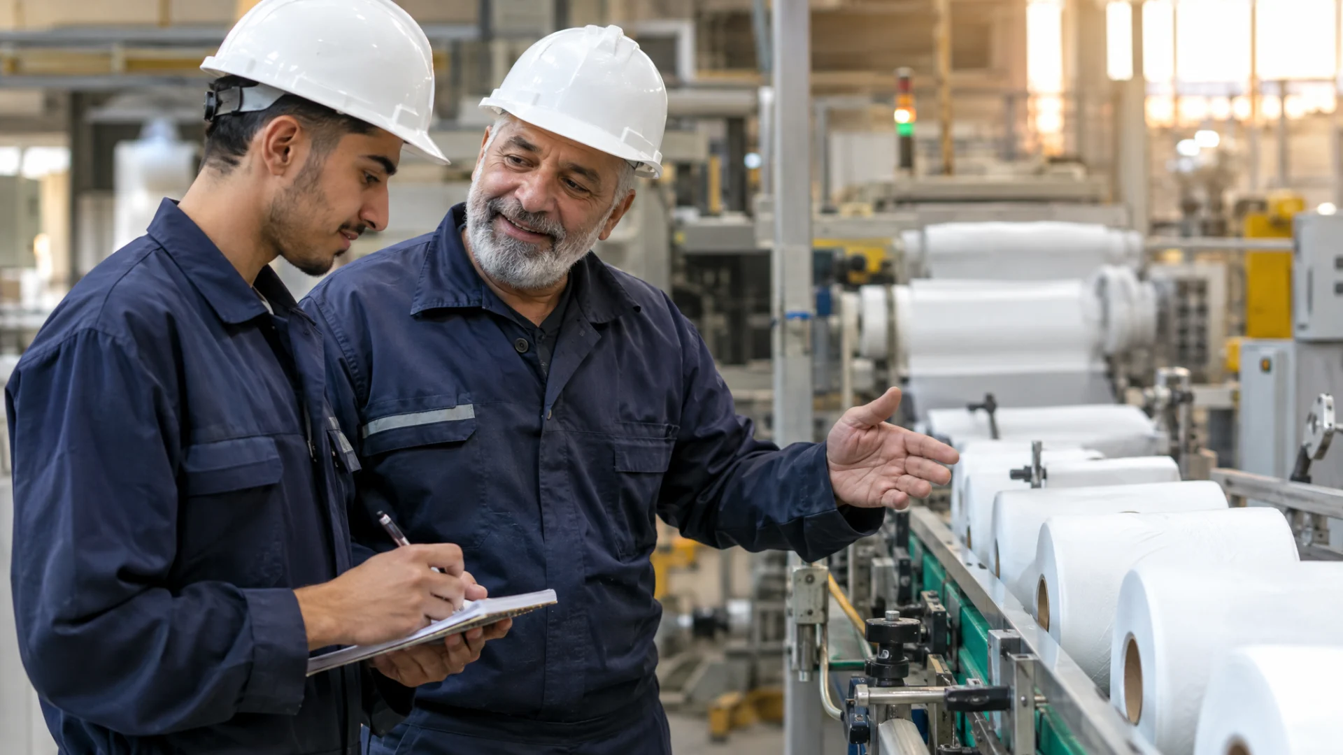 Supervisor mentoring an apprentice on the converting line