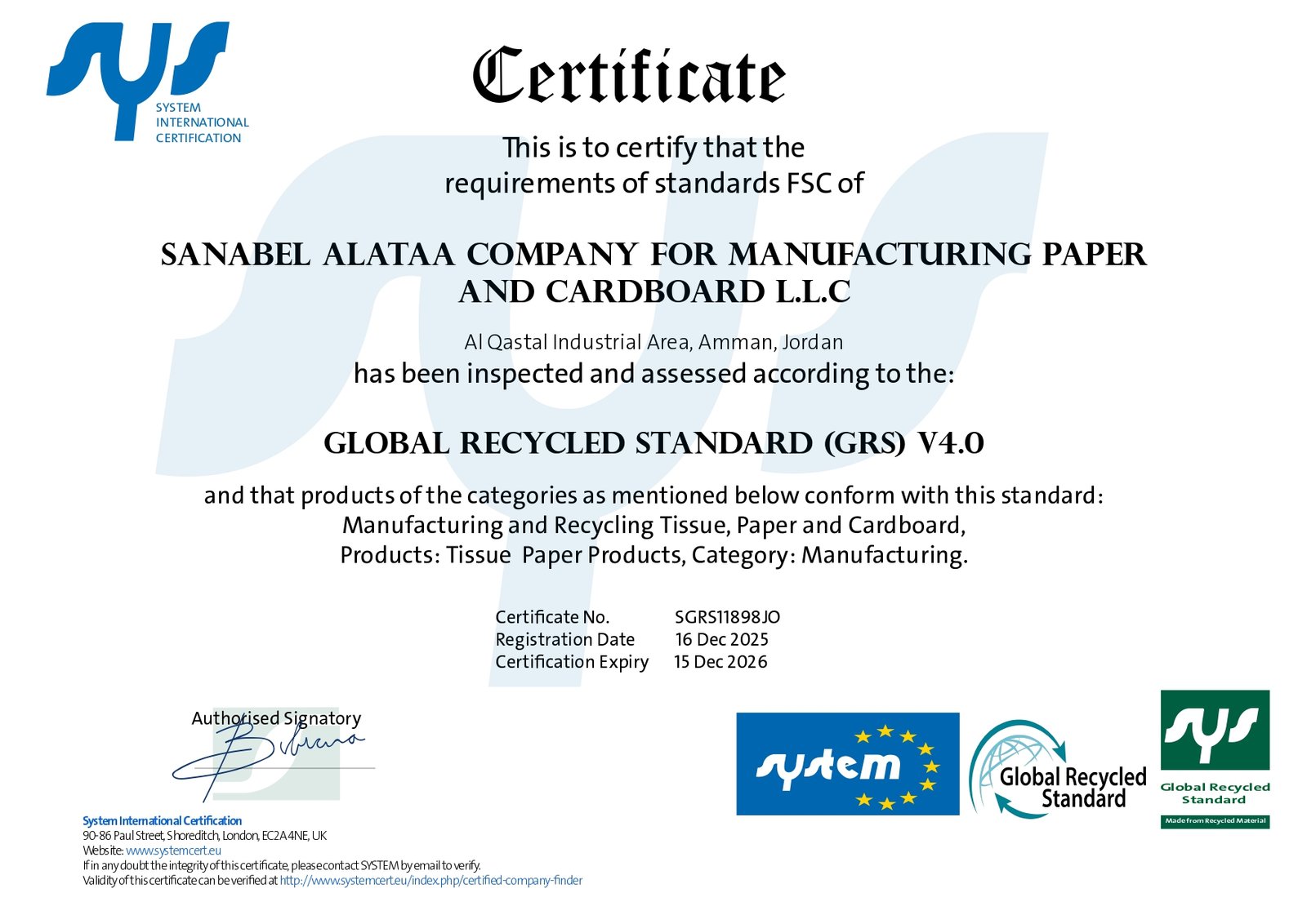 GRS certificate